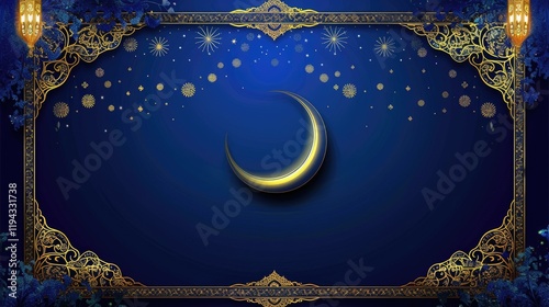 Royal Blue Background Adorned with Delicate Gold Islamic Patterns and Glowing Crescent Moon for Peaceful Milad un Nabi Banner photo