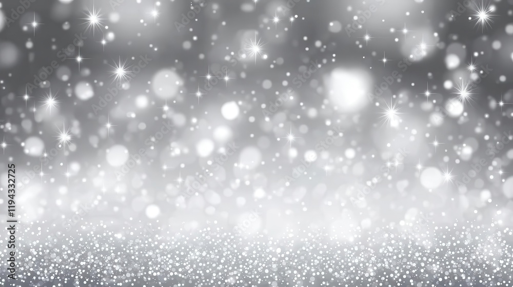 Obraz premium Winter background with the image of falling snow, stars and bokeh lights, white and gray colors, shiny glittery texture, blurred background