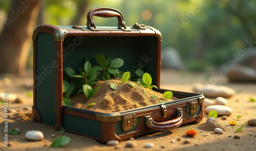 A suitcase from which leaves, sand and stones fall out, creating an atmosphere of traveling to nature or exotic places photo