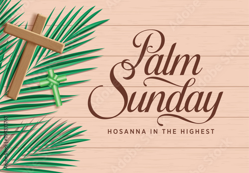 Palm sunday christian clipart design. Jesus christ risen and hosanna the king celebration for  christianity and catholic religious in wooden background. Vector illustration happy easter sunday clip 