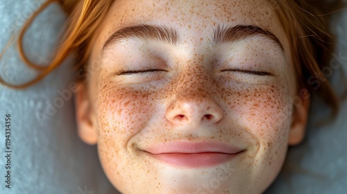 Closeup portrait of a cheerful carefree woman with freckles and vibrant red hair her face filled with pure blissful happiness and joyful contentment photo