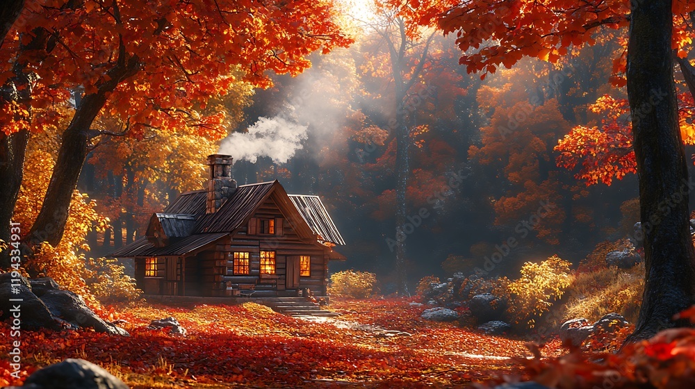 A rustic cabin with smoke rising from its chimney, nestled in a forest of vibrant red and orange leaves, warm sunlight illuminating the autumn colors, serene and enchanting ambiance, A rustic cabin with smoke rising from its chimney, nestled in a forest of vibrant red and orange leaves, warm sunlight illuminating the autumn colors, serene and enchanting ambiance,