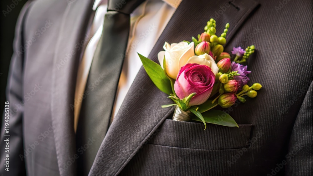Elegant flower arrangement on a lapel pinned to a black tuxedo jacket, menswear, formal occasion Elegant flower arrangement on a lapel pinned to a black tuxedo jacket, menswear, formal occasion