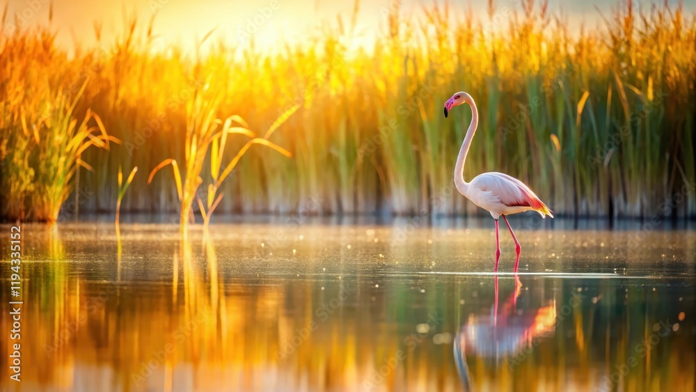 Fototapeta premium A lone flamingo standing in a shallow lake surrounded by tall reeds and water lilies, its pink feathers glowing in the soft sunlight filtering through the water , water lilies, reeds