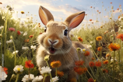 Rabbit hopping through a field of wildflowers asteraceae grassland outdoors.