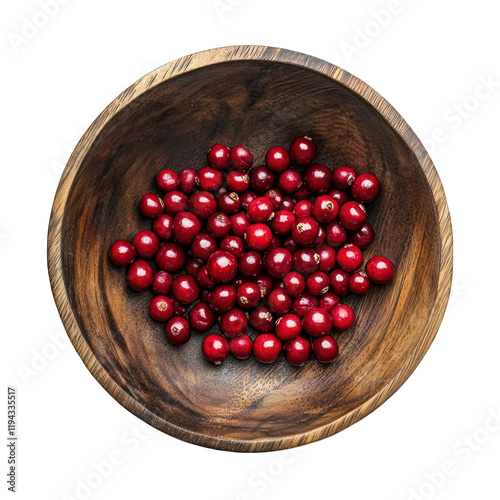 Red craneberry in wooden bowl top view isolated on transparent background photo