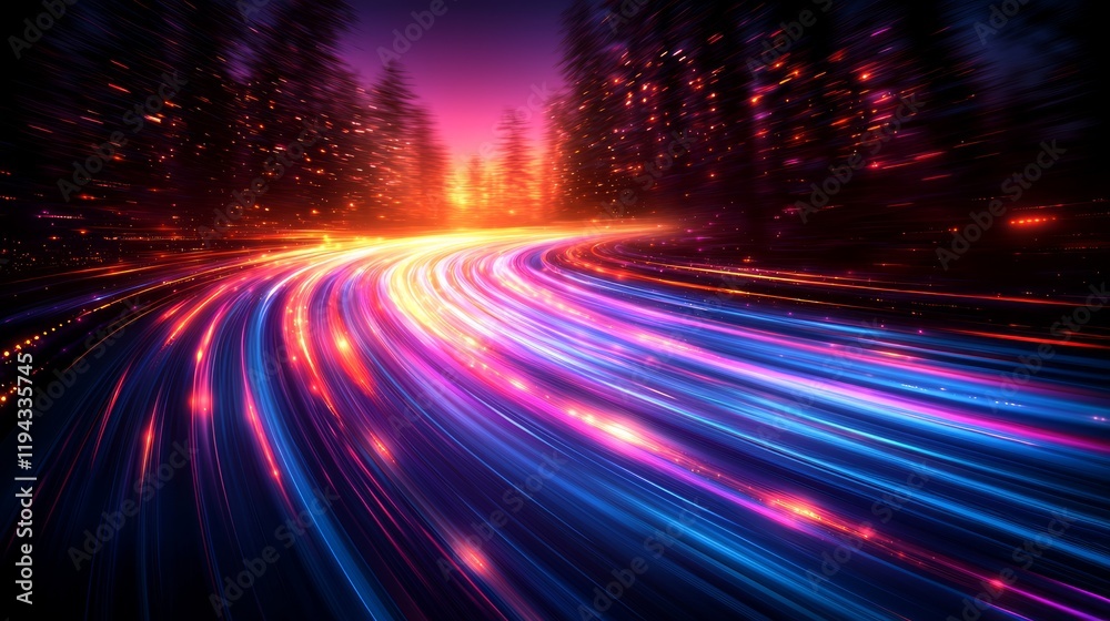 Obraz premium Fast car driving on road at sunset in forest. Background shows glowing trees. Use Speed, travel, technology