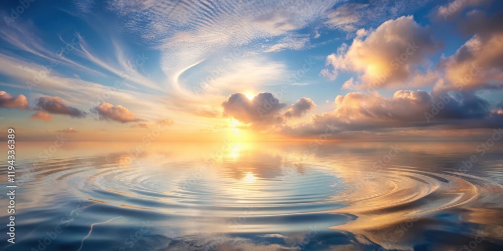 Fototapeta premium Serene Sunset Reflection Golden Hour Hues on Calm Waters, Painted Across the Sky with Wispy Clouds