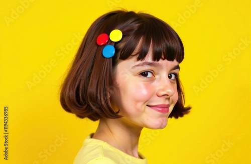 Girl showcases a playful smile with colorful hair clips while standing in front of a vivid yellow background photo