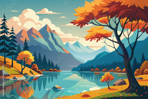 Autumn tree and lake wonderful scenery vector art illustration