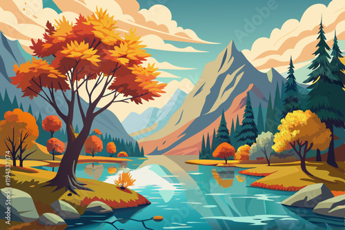 Autumn tree and lake wonderful scenery vector art illustration