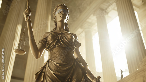 A blindfolded Lady Justice statue holding scales and a sword, standing in front of a grand courthouse with marble columns, sunlight streaming in, symbolizing fairness and equality. Ai generated (1)