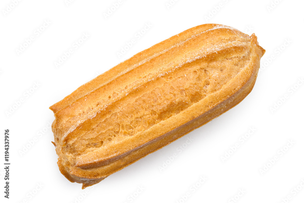 One eclair cake close-up on a white background. Cake with cream filling. One eclair cake close-up on a white background. Cake with cream filling.