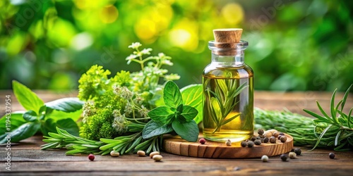 Aromatic oil with lush green herbs , botanicals, health and wellness,  botanicals