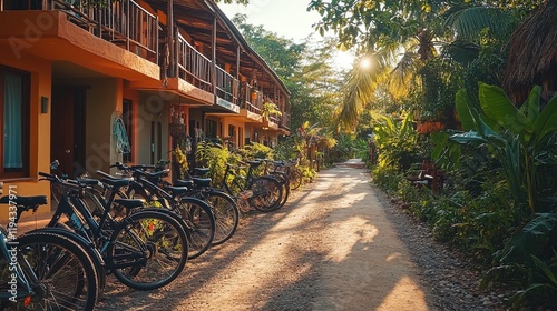 Wallpaper Mural A row of bicycles lined up outside a scenic eco-friendly resort Torontodigital.ca