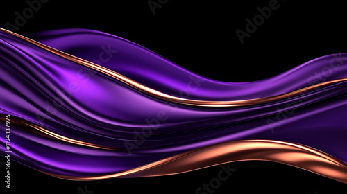 Abstract Purple and Gold Silk Fabric Waves on Black Background