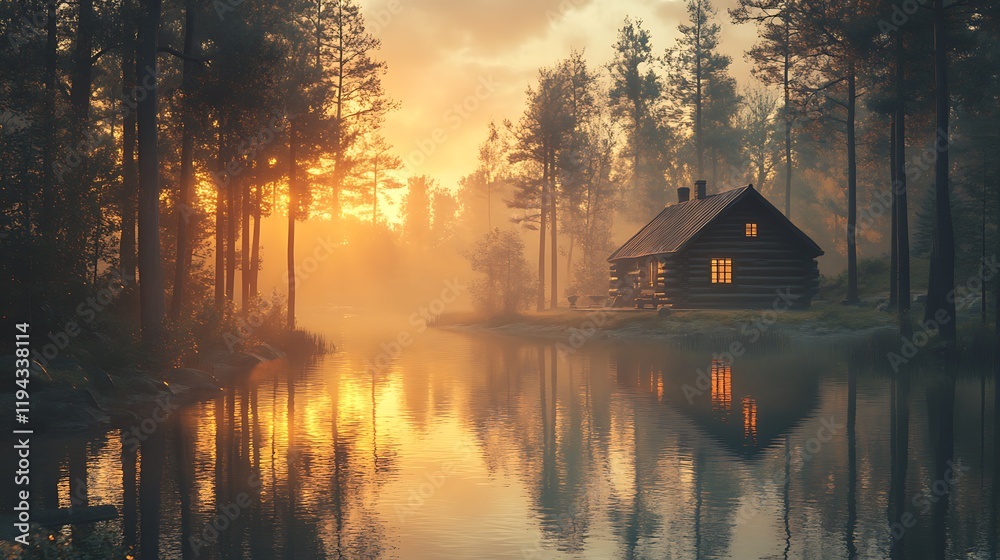 Fototapeta premium A rustic log cabin on the shore of a peaceful forest lake, the still water reflecting the golden sunset and surrounding trees, tranquil and magical ambiance, photorealistic textures,