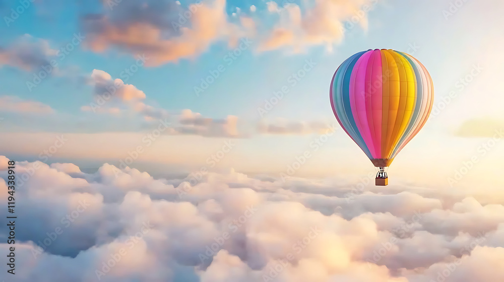 Obraz premium colorful hot air balloon soaring above clouds creates serene atmosphere