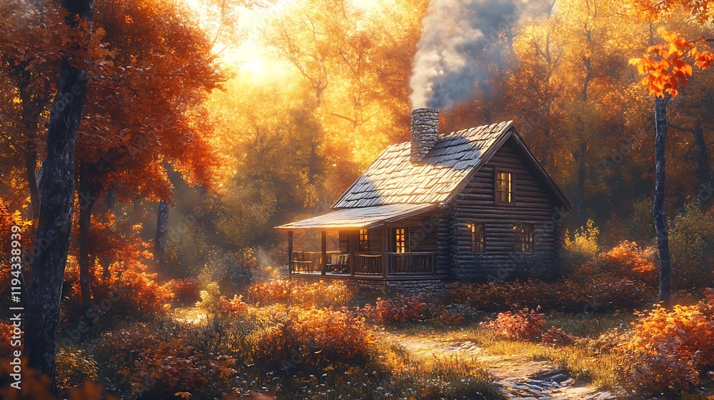 A rustic log cabin surrounded by brilliant autumn trees, smoke softly curling from its chimney, the warm glow of sunset enhancing the fall colors, tranquil and picturesque, photorealistic details, A rustic log cabin surrounded by brilliant autumn trees, smoke softly curling from its chimney, the warm glow of sunset enhancing the fall colors, tranquil and picturesque, photorealistic details,