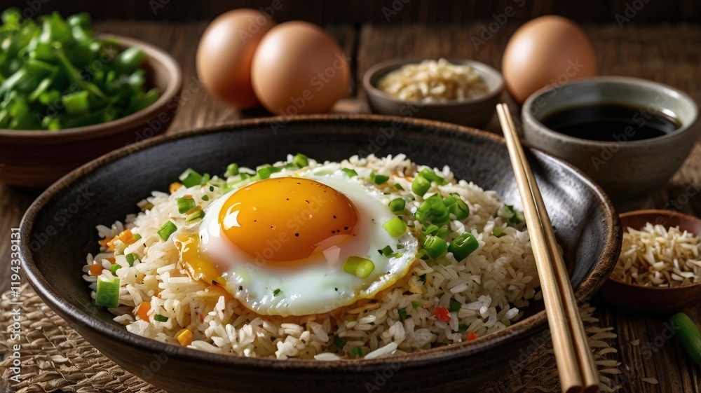 Homemade Asian Fried Egg and Rice Breakfast with Soy Sauce and Sesame Seeds Homemade Asian Fried Egg and Rice Breakfast with Soy Sauce and Sesame Seeds