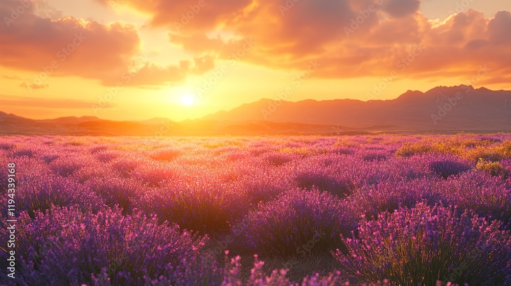 A picturesque field of lavender in full bloom under a soft golden sunset A picturesque field of lavender in full bloom under a soft golden sunset