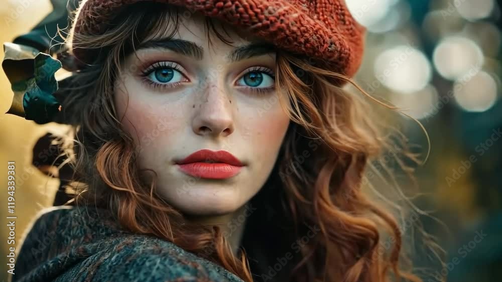 This image showcases a young woman with curly hair in a red hat surrounded by nature. Ideal for fashion and lifestyle themes. It evokes warmth and connection. Generative AI This image showcases a young woman with curly hair in a red hat surrounded by nature. Ideal for fashion and lifestyle themes. It evokes warmth and connection. Generative AI