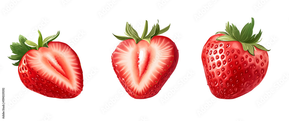Set of three whole and sliced strawberries isolated on a transparent background png Set of three whole and sliced strawberries isolated on a transparent background png
