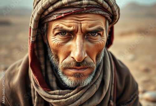 Male nomad portrait with weathered face and piercing eyes