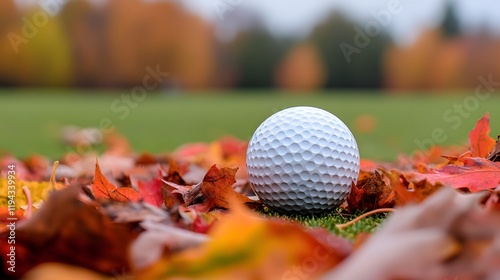 Vibrant autumn golf ball resting on a carpet of colorful fallen leaves on a serene and peaceful golf course in the fall season