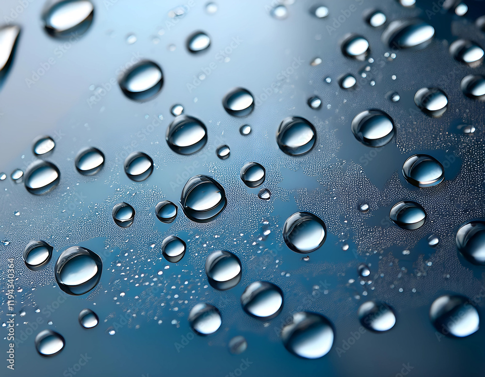 A close-up of water droplets on a smooth glass surface A close-up of water droplets on a smooth glass surface