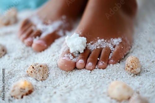 Seashells & Salt Scrub:  Close-up view of a woman's bare feet adorned with seashells on a white sand beach, her toes coated in a luxurious, exfoliating salt scrub.