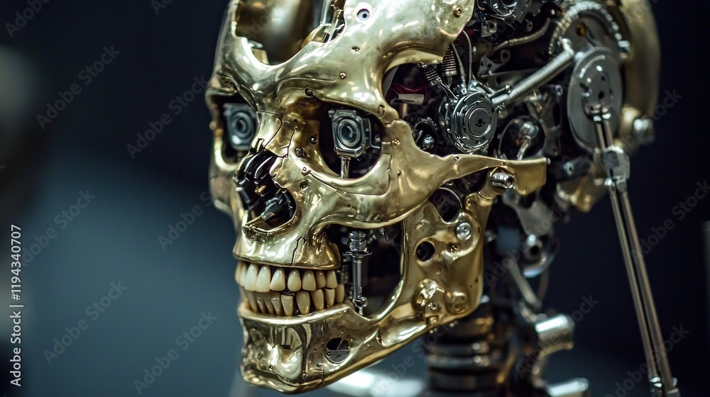Metallic Robotic Skull: A Close-Up of Intricate Engineering Metallic Robotic Skull: A Close-Up of Intricate Engineering