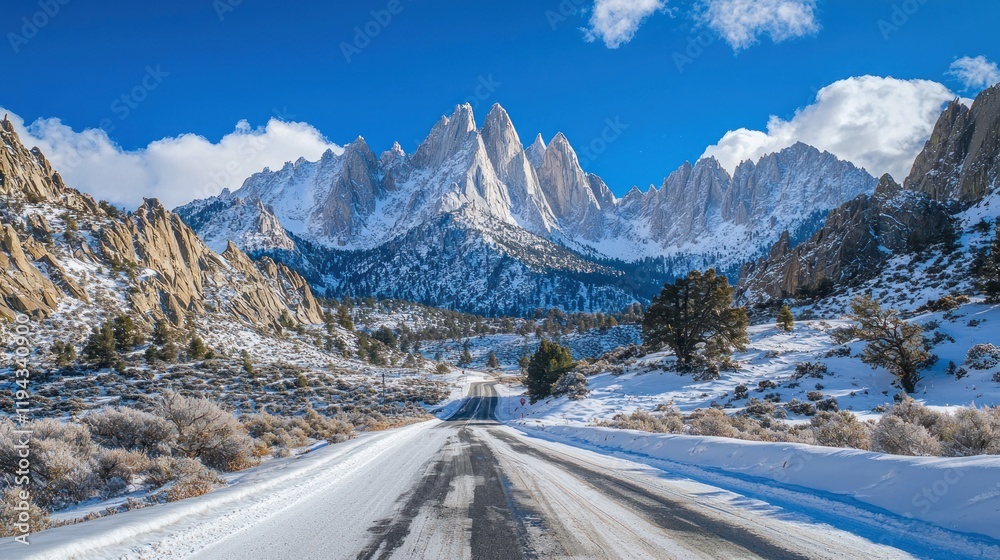 Fototapeta premium Majestic Winter Landscape: Snowy Mountains and Winding Road
