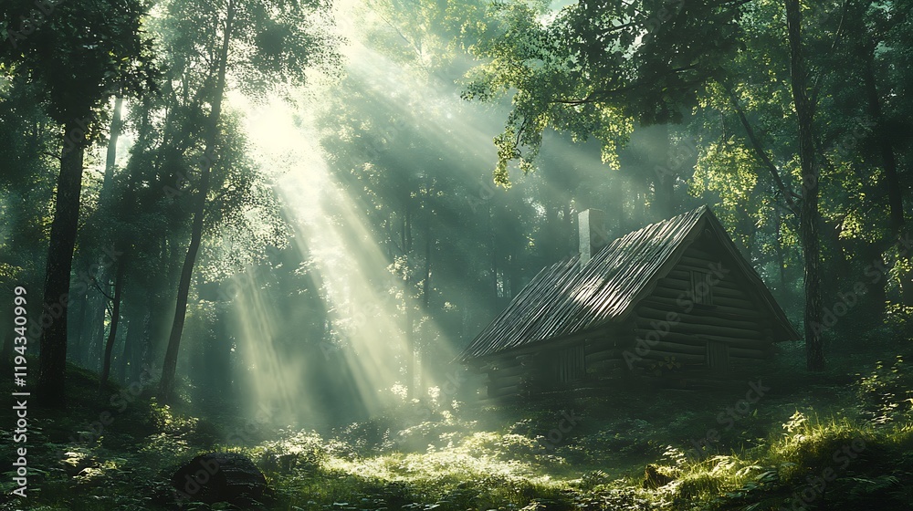 Obraz premium A secluded log cabin nestled in a lush green forest, with soft rays of sunlight streaming through the dense canopy above, creating a peaceful and magical ambiance, hd quality, ultra-detailed textures,