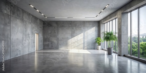 Modern minimalist room design with concrete walls and large windows showcasing natural light