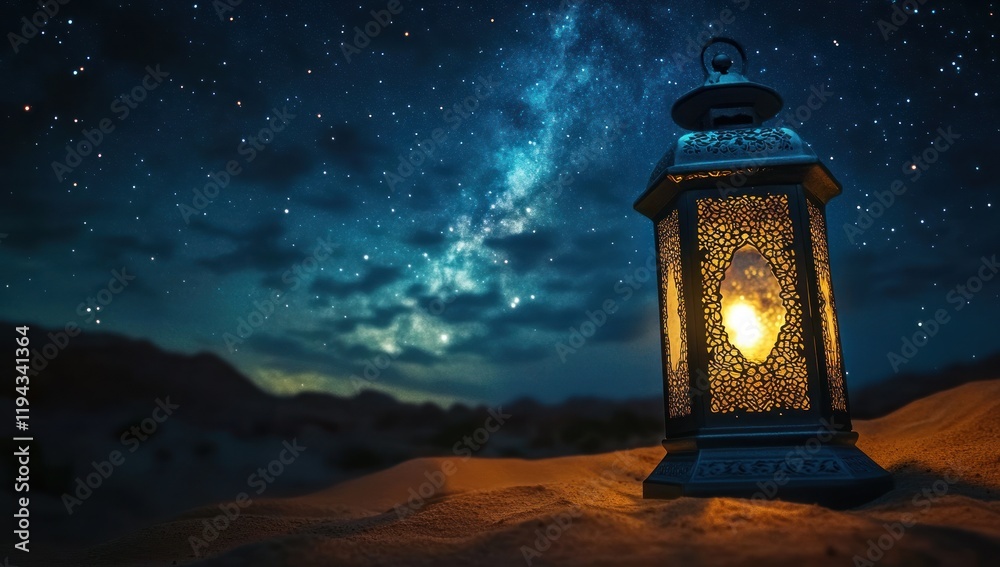 Ornate Lantern Illuminates Starry Desert Night Ornate Lantern Illuminates Starry Desert Night