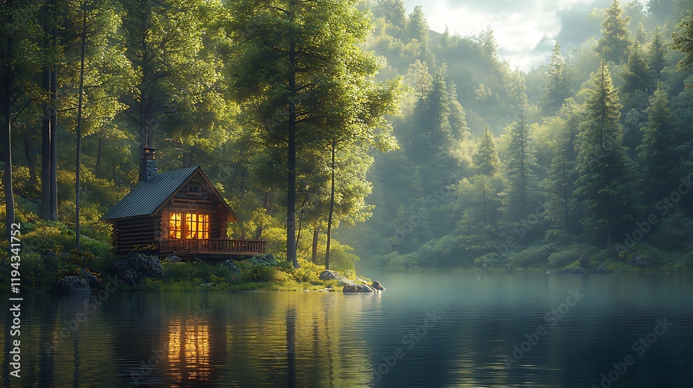 Fototapeta premium A small log cabin by a still lake, nestled in a forest clearing, the water reflecting the vibrant green trees and warm cabin glow, tranquil and magical setting, photorealistic details,