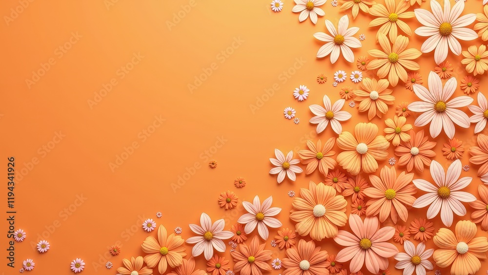 Naklejka premium Vibrant orange backdrop adorned with handcrafted paper quilled daisies, featuring orange and white petals with golden centers, elegantly cascading across the frame