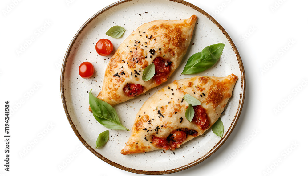 Plate with delicious calzones on white background, top view Plate with delicious calzones on white background, top view
