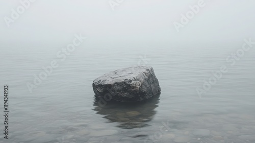 Solitary Rock in Fog: A single, dark grey rock sits serenely in calm, grey water, shrouded by a thick, ethereal fog. The scene evokes a sense of mystery and solitude.  photo