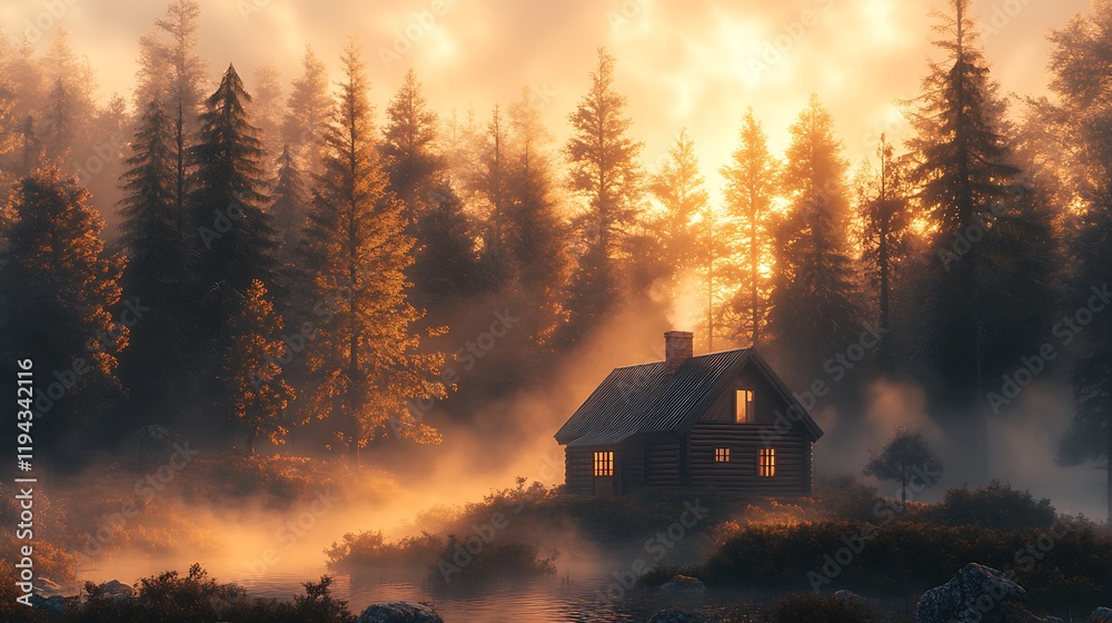 A small log cabin nestled in a forest of tall, mist-covered trees, the warm hues of sunrise creating a magical and inviting scene, ultra-detailed, hd quality --ar 16:9 A small log cabin nestled in a forest of tall, mist-covered trees, the warm hues of sunrise creating a magical and inviting scene, ultra-detailed, hd quality --ar 16:9