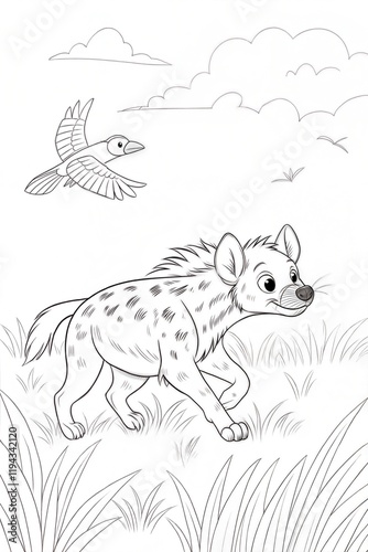 A cute hyena chasing a bird through tall grass, outlined in clean black lines, drawn as an outline sketch, only black lines, no colors, simple and clean for a children's coloring book. photo