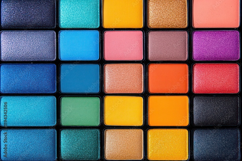 Shimmery Eyeshadow Palette in Close-Up View: Various Shades for a Glamorous Look Shimmery Eyeshadow Palette in Close-Up View: Various Shades for a Glamorous Look