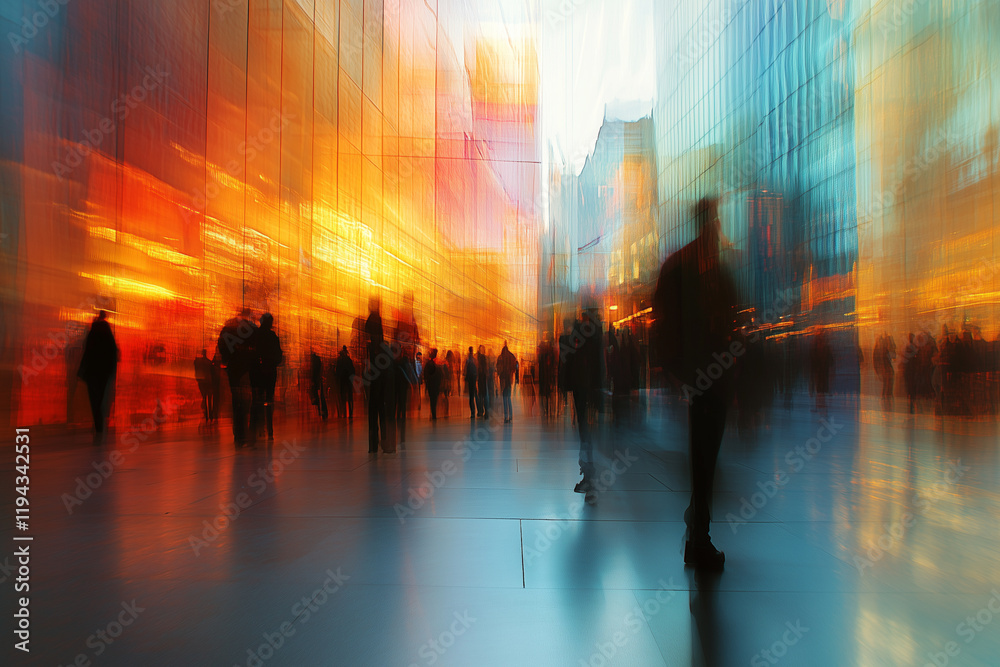 A blurry, out-of-focus photograph of people walking through an office A blurry, out-of-focus photograph of people walking through an office