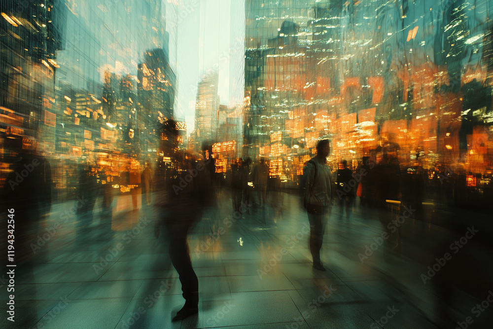 A blurry, out-of-focus photograph of people walking through an office A blurry, out-of-focus photograph of people walking through an office