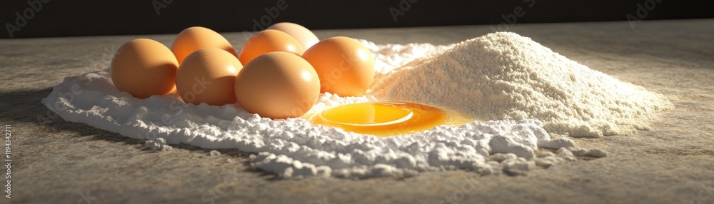 Eggs and Flour on a Rustic Surface with Natural Lighting - Ideal for Culinary or Baking Themes Eggs and Flour on a Rustic Surface with Natural Lighting - Ideal for Culinary or Baking Themes