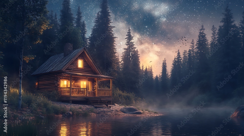 Fototapeta premium A small log cabin with a wooden porch, surrounded by dense forest, illuminated by the soft glow of a starlit sky, warm light spilling from the cabin windows, tranquil and magical atmosphere,
