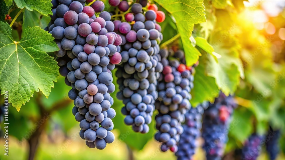 Dense clusters of Gamay grapes on lush green vines with intricate leaf structures and delicate stem connections Dense clusters of Gamay grapes on lush green vines with intricate leaf structures and delicate stem connections