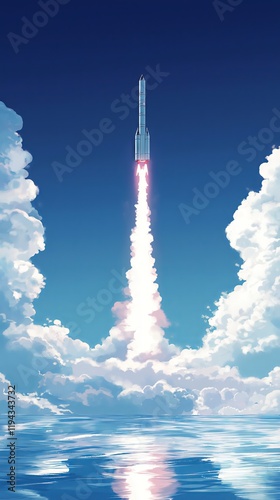 Illustration of the moment the rocket was launched: the magnificent scene of water and sky, shrouded in clouds