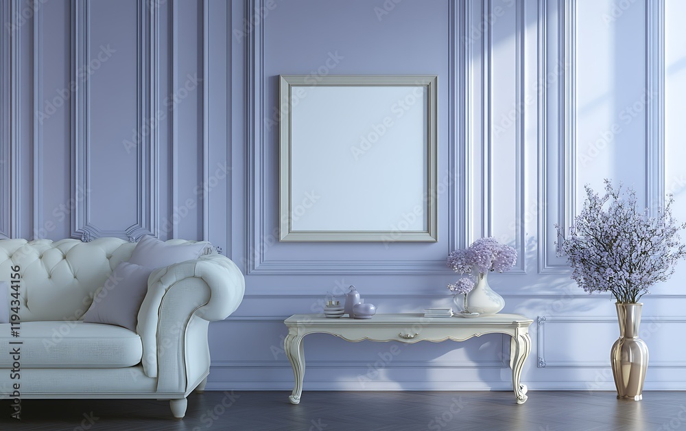 Fototapeta premium Elegant living room, purple walls, white sofa, mock-up frame